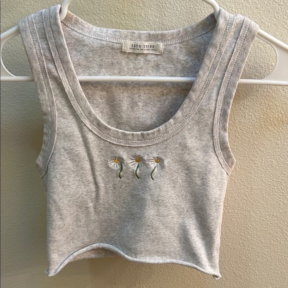 12th Tribe Light Gray Tank Top with Floral Embroidery